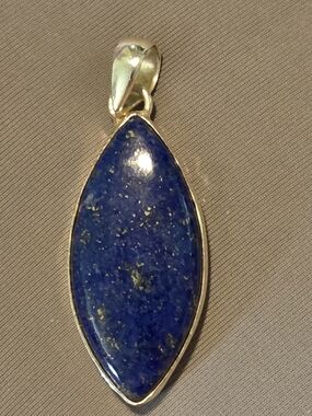 Sterlibg Silver Lapis Lazuli Marquise Pendant Necklace - Deep Blue Gold Fleck